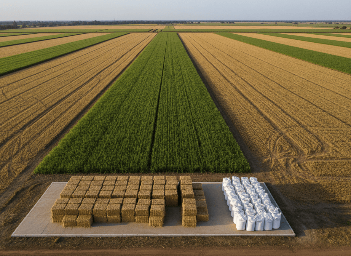 Champ de fourrage et sacs de Maralfalfa conditionnés